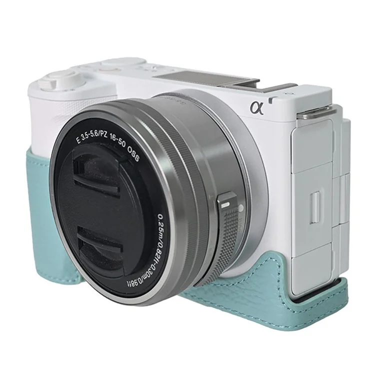 For Sony Alpha ZV-E10 II Camera Case Large Opening Genuine Cow Leather Protector with Wrist Strap - Blue