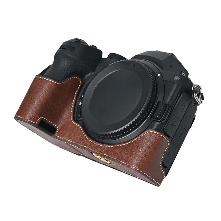 Para Nikon Z 5 / Z 6 II / Z 7 II Capa de Câmera com Alça de Ombro Corte Grande Textura Litchi PU Capa Protetora - Café