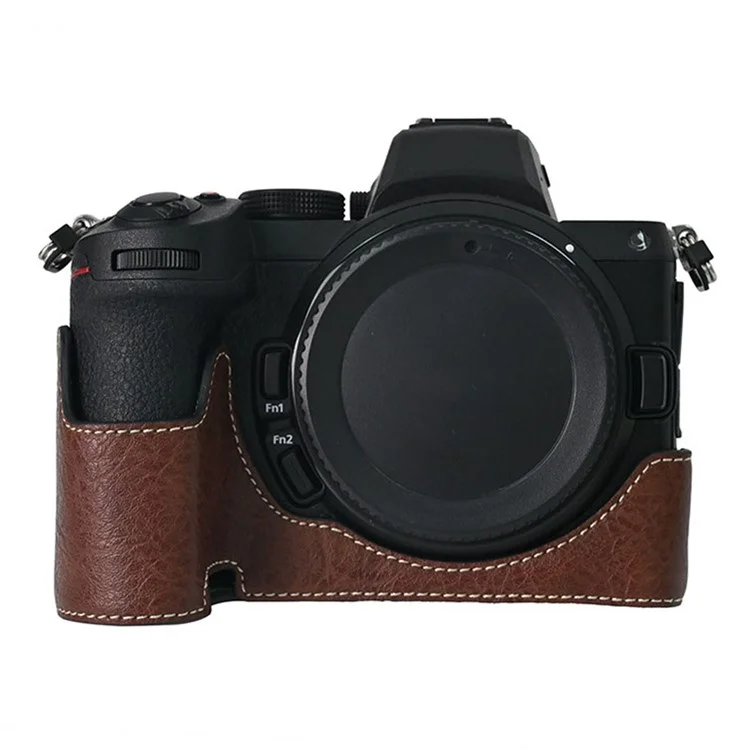 Para Nikon Z 5 / Z 6 II / Z 7 II Capa de Câmera com Alça de Ombro Corte Grande Textura Litchi PU Capa Protetora - Café