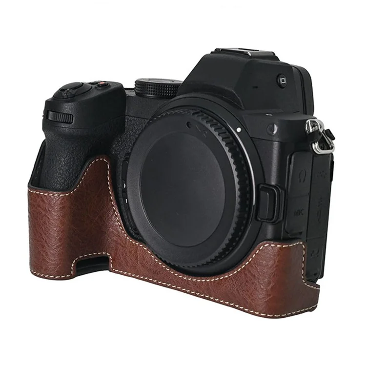 Para Nikon Z 5 / Z 6 II / Z 7 II Capa de Câmera com Alça de Ombro Corte Grande Textura Litchi PU Capa Protetora - Café