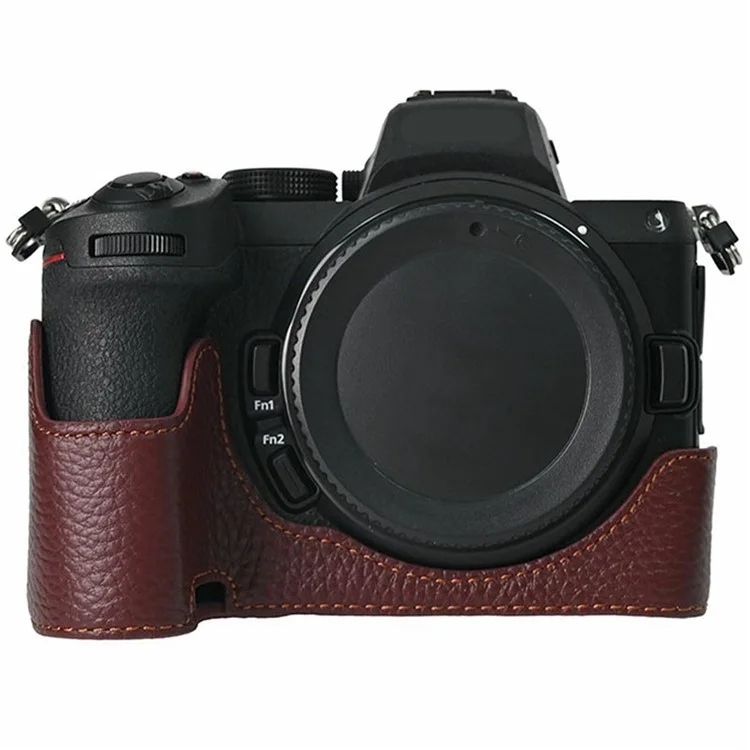 For Nikon Z 5 / Z 6 II / Z 7 II Camera Case Large Opening Genuine Cow Leather Protector with Shoulder Strap - Coffee