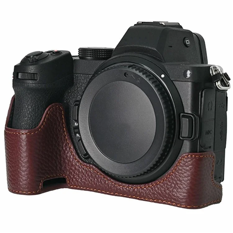 For Nikon Z 5 / Z 6 II / Z 7 II Camera Case Large Opening Genuine Cow Leather Protector with Shoulder Strap - Coffee