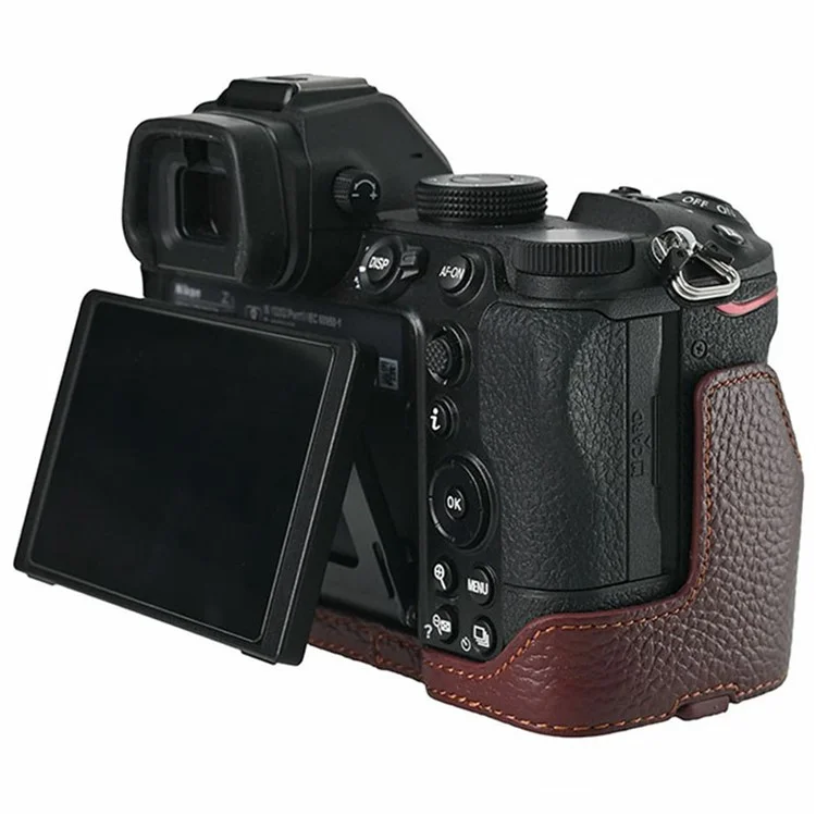 For Nikon Z 5 / Z 6 II / Z 7 II Camera Case Large Opening Genuine Cow Leather Protector with Shoulder Strap - Coffee