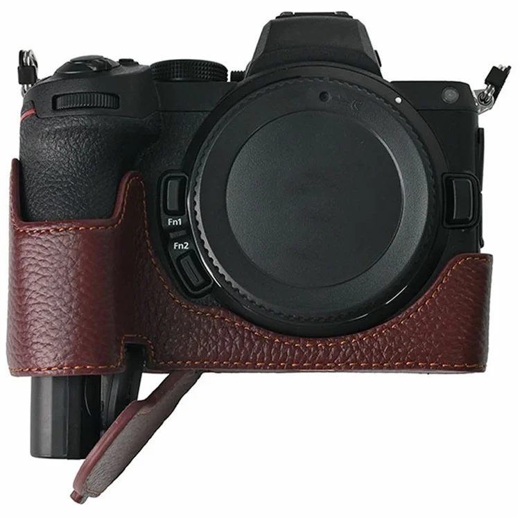 For Nikon Z 5 / Z 6 II / Z 7 II Camera Case Large Opening Genuine Cow Leather Protector with Shoulder Strap - Coffee
