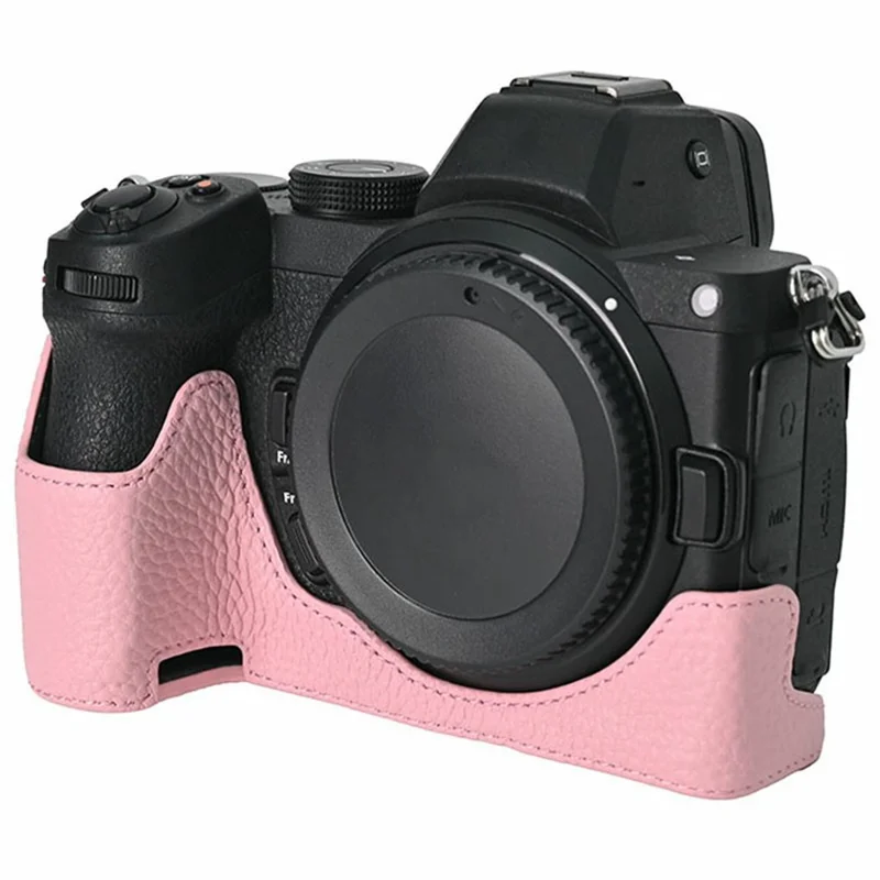 For Nikon Z 5 / Z 6 II / Z 7 II Camera Case Large Cutout Genuine Cow Leather Protective Cover - Pink