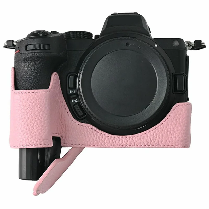 For Nikon Z 5 / Z 6 II / Z 7 II Camera Case Large Cutout Genuine Cow Leather Protective Cover - Pink