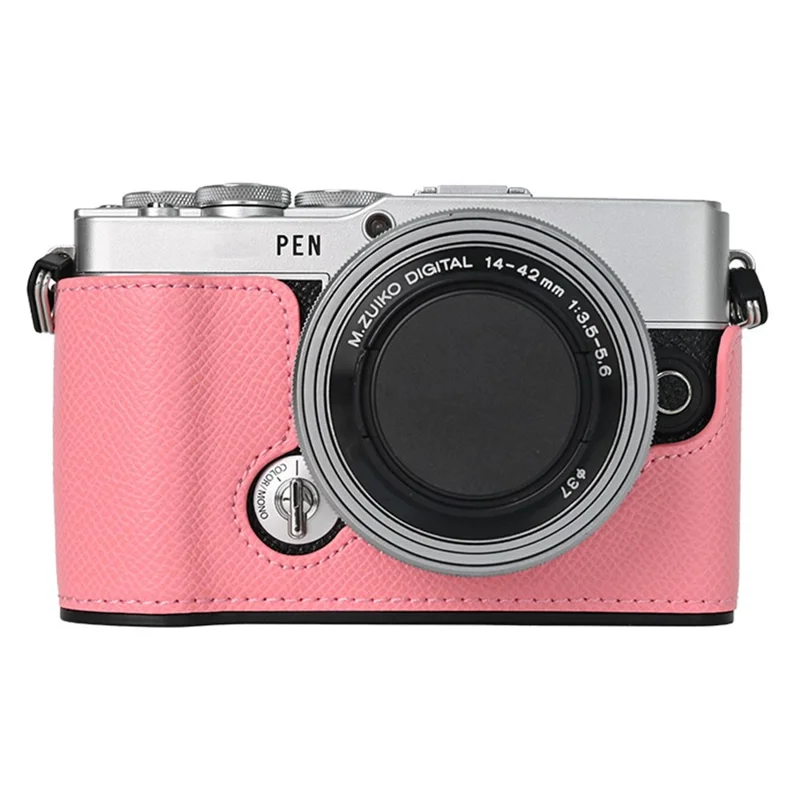 For Olympus PEN E-P7 Camera Case Textured Leather Bottom Case Easy to Replace Battery - Pink
