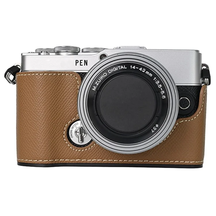 For Olympus PEN E-P7 Camera Case Textured Leather Bottom Case Easy to Replace Battery - Khaki