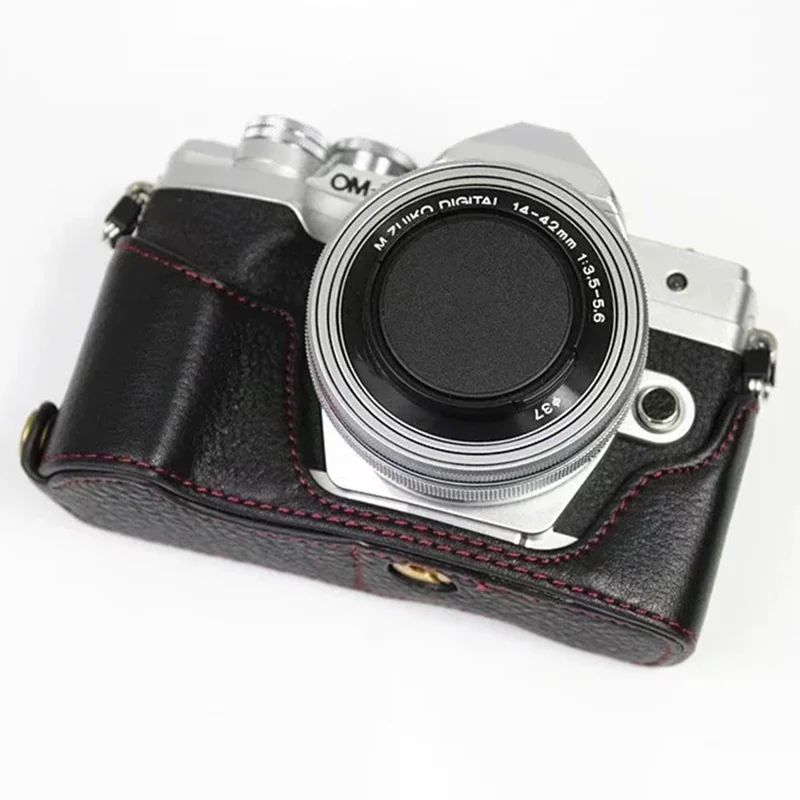 För Olympus OM-D E-M10 Mark IV kameraskal stor öppning skyddande hylsa i äkta nöt-läder - Svart