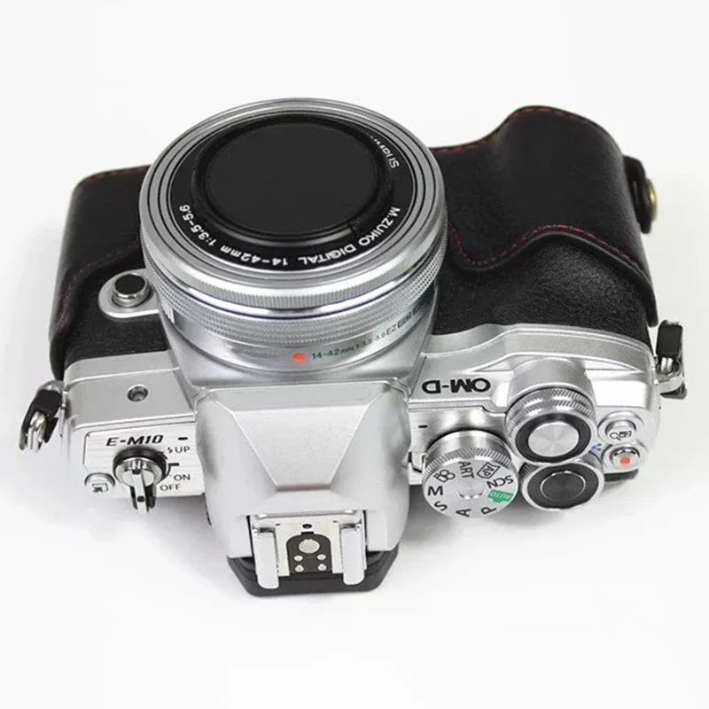 För Olympus OM-D E-M10 Mark IV kameraskal stor öppning skyddande hylsa i äkta nöt-läder - Svart