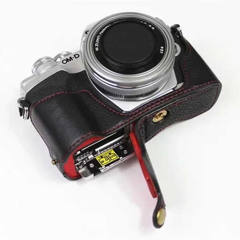 För Olympus OM-D E-M10 Mark IV kameraskal stor öppning skyddande hylsa i äkta nöt-läder - Svart
