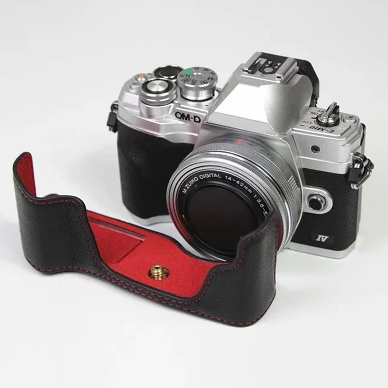 För Olympus OM-D E-M10 Mark IV kameraskal stor öppning skyddande hylsa i äkta nöt-läder - Svart