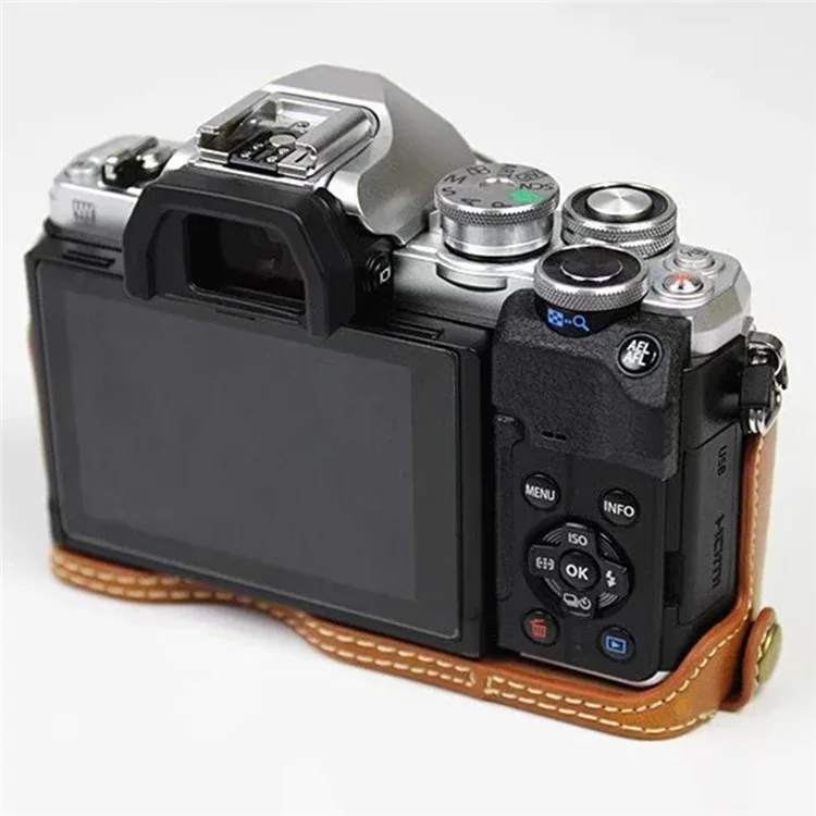For Olympus OM-D E-M10 Mark IV Camera Case Leather Bottom Case Easy to Replace Battery - Brown
