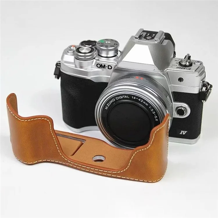 For Olympus OM-D E-M10 Mark IV Camera Case Leather Bottom Case Easy to Replace Battery - Brown