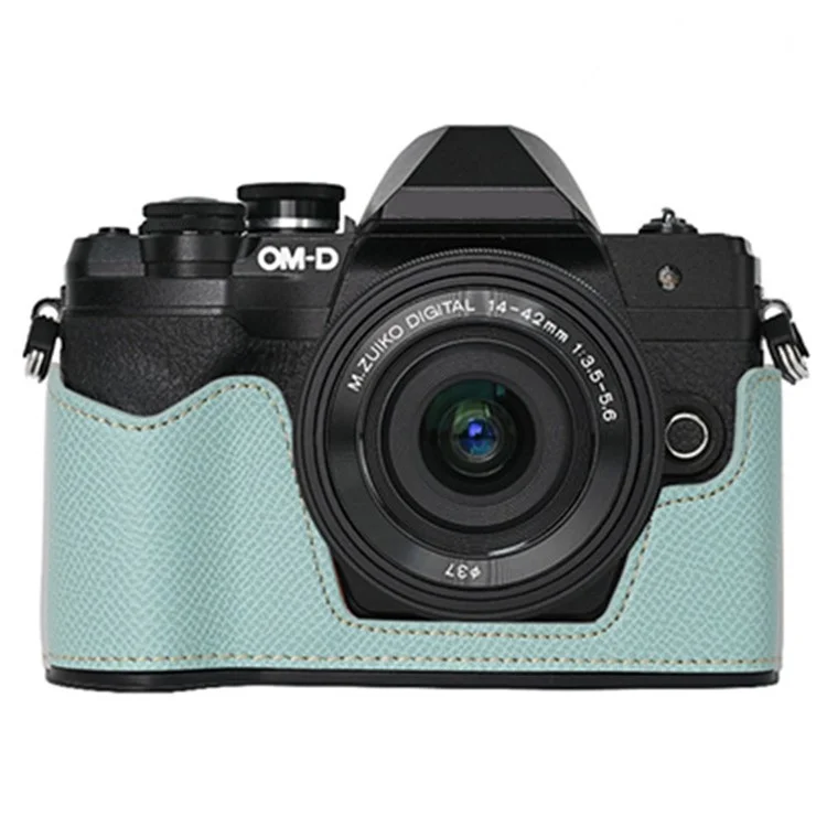 Para Olympus OM-D E-M10 Mark IV Camina de la Cámara Apertura de la Batería Palm Textura PU Cuero de Cuero Cubierta Inferior - Azul Bebé