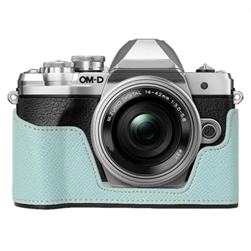 For Olympus OM-D E-M10 Mark III Camera Case Textured Leather Bottom Case Easy to Replace Battery - Baby Blue