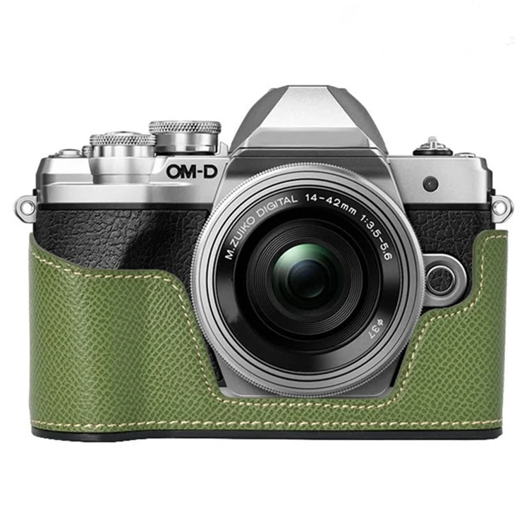 For Olympus OM-D E-M10 Mark III Camera Case Textured Leather Bottom Case Easy to Replace Battery - Green