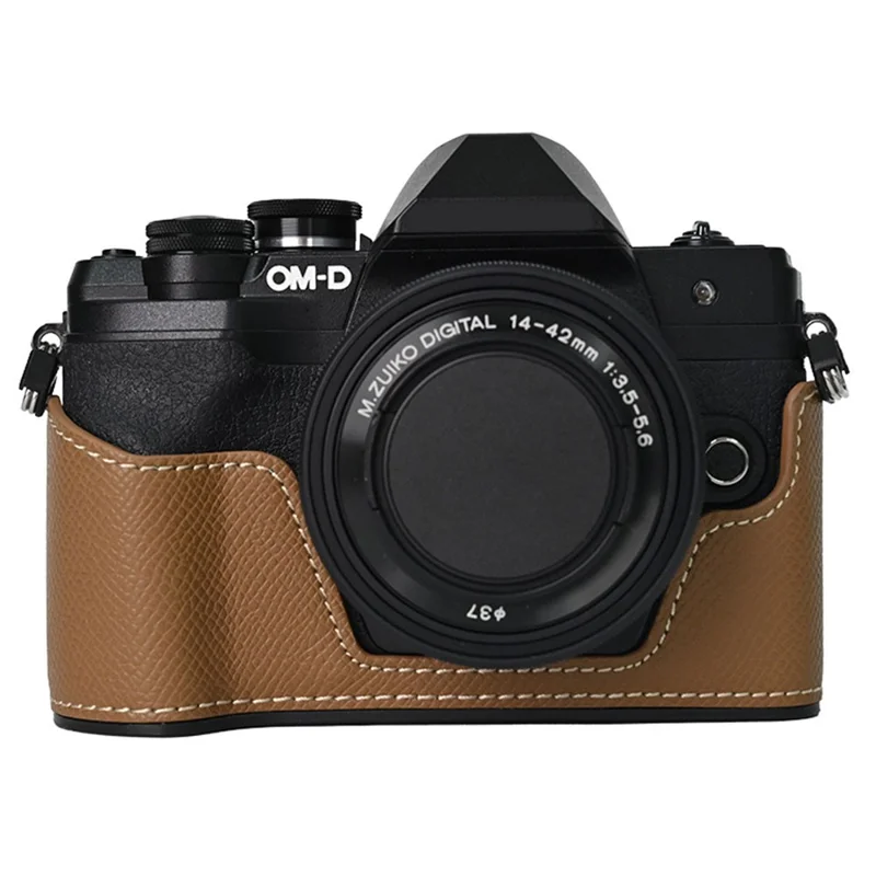 For Olympus OM-D E-M10 Mark III Camera Case Textured Leather Bottom Case Easy to Replace Battery - Khaki