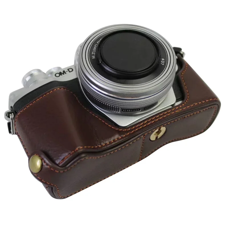 For Olympus OM-D E-M10 Mark III Camera Case Genuine Leather Bottom Case Easy to Replace Battery - Coffee