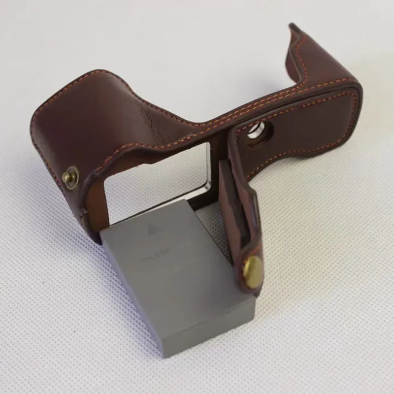 For Olympus OM-D E-M10 Mark III Camera Case Genuine Leather Bottom Case Easy to Replace Battery - Coffee