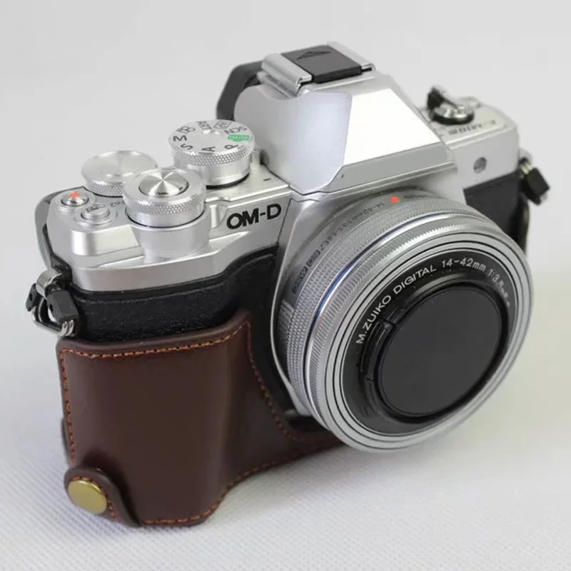 For Olympus OM-D E-M10 Mark III Camera Case Genuine Leather Bottom Case Easy to Replace Battery - Coffee