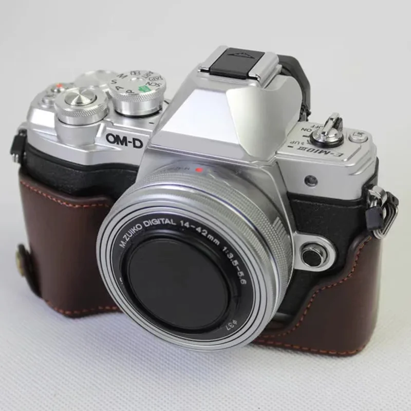 For Olympus OM-D E-M10 Mark III Camera Case Genuine Leather Bottom Case Easy to Replace Battery - Coffee