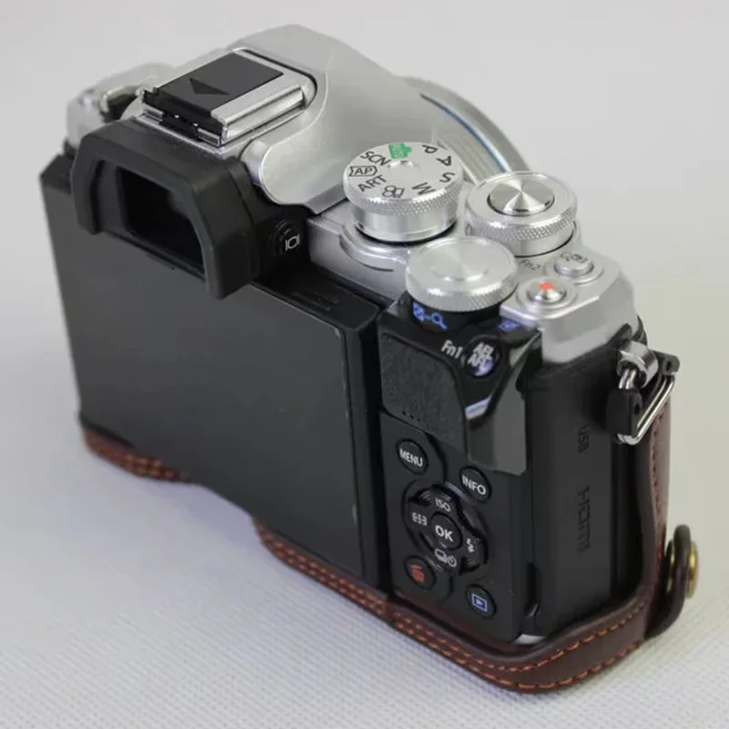 For Olympus OM-D E-M10 Mark III Camera Case Genuine Leather Bottom Case Easy to Replace Battery - Coffee