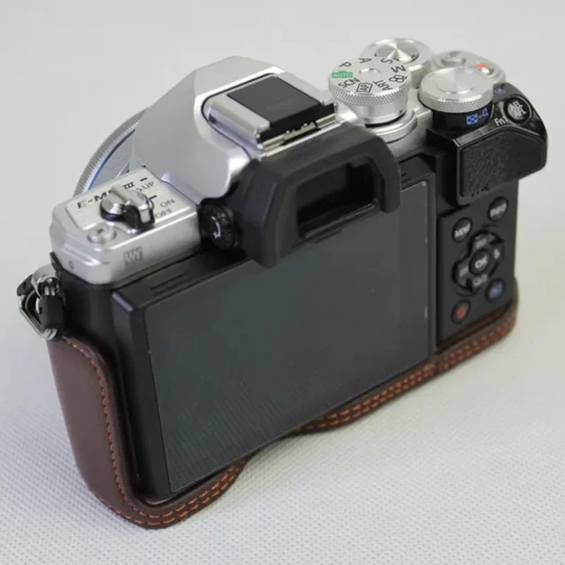 For Olympus OM-D E-M10 Mark III Camera Case Genuine Leather Bottom Case Easy to Replace Battery - Coffee