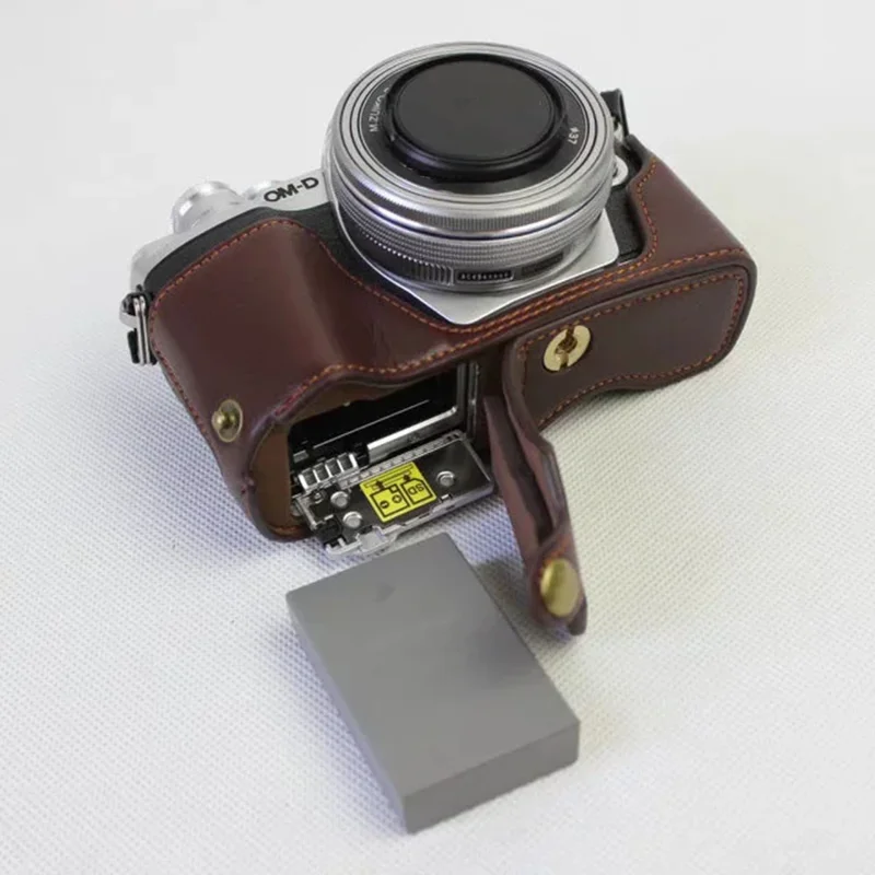 For Olympus OM-D E-M10 Mark III Camera Case Genuine Leather Bottom Case Easy to Replace Battery - Coffee
