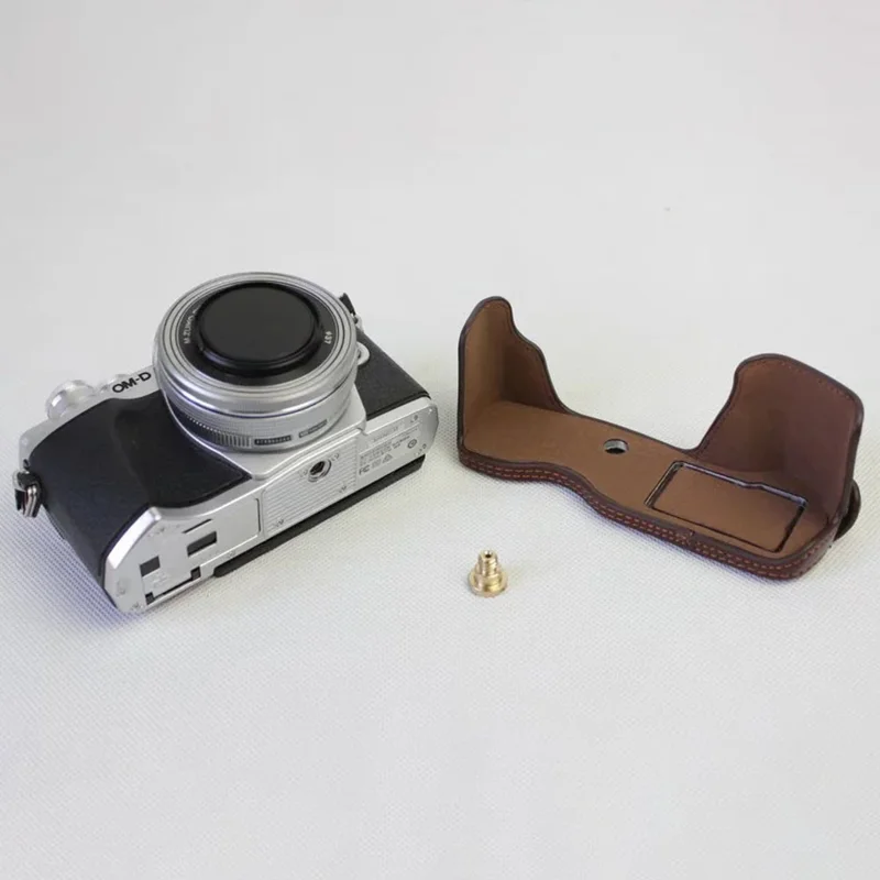 For Olympus OM-D E-M10 Mark III Camera Case Genuine Leather Bottom Case Easy to Replace Battery - Coffee