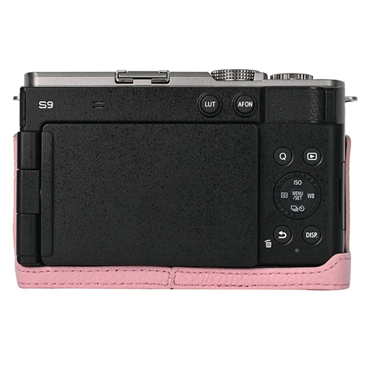 Per fotocamera Panasonic Lumix S9 Custodia con grande apertura in vera pelle di mucca con tracolla - Rosa