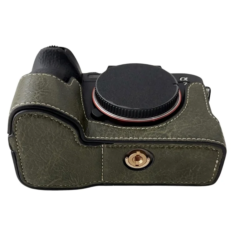 For Sony A7R V / A7 IV / A7S III / Alpha 1 Case Buffalo Texture PU Leather Bottom Case Half Body Camera Cover with Battery Opening - Green