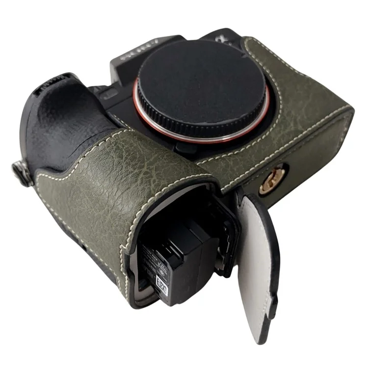 For Sony A7R V / A7 IV / A7S III / Alpha 1 Case Buffalo Texture PU Leather Bottom Case Half Body Camera Cover with Battery Opening - Green