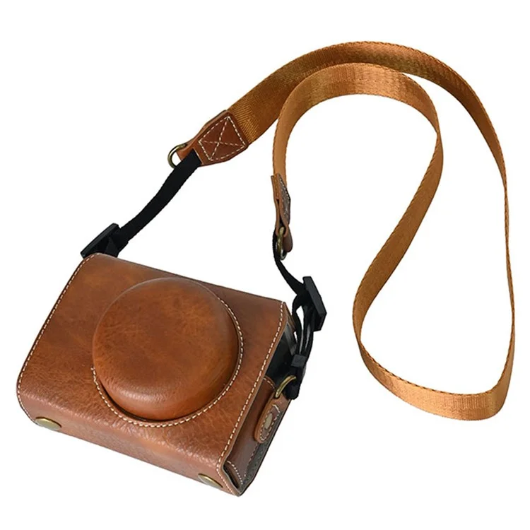 Funda protectora de textura de piel de litchi de cuero PU para Sony ZV-1F con correa para hombro - Marrón