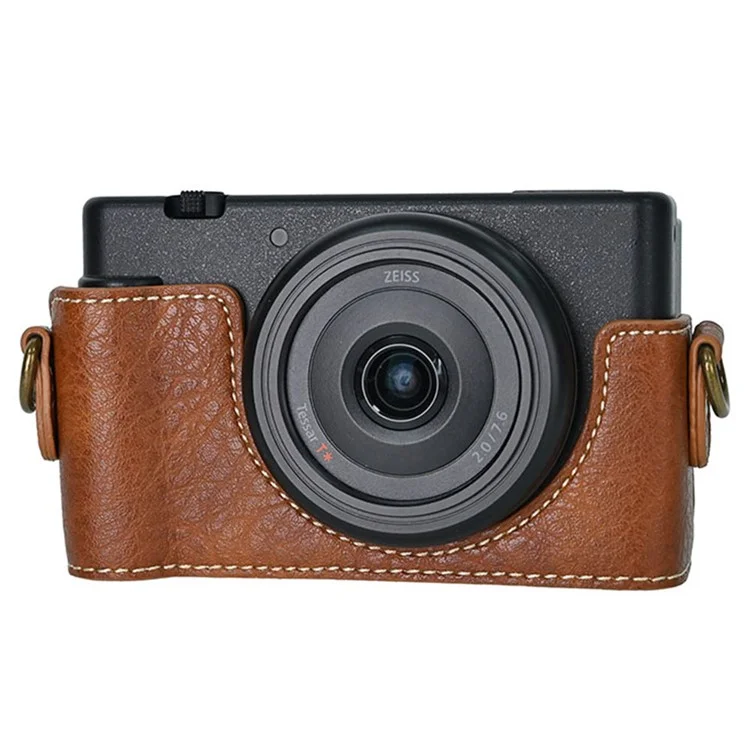 Funda protectora de textura de piel de litchi de cuero PU para Sony ZV-1F con correa para hombro - Marrón