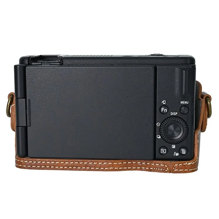 Funda protectora de textura de piel de litchi de cuero PU para Sony ZV-1F con correa para hombro - Marrón