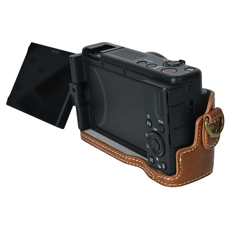 Funda protectora de textura de piel de litchi de cuero PU para Sony ZV-1F con correa para hombro - Marrón