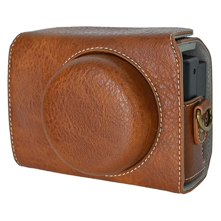 Funda protectora de textura de piel de litchi de cuero PU para Sony ZV-1F con correa para hombro - Marrón