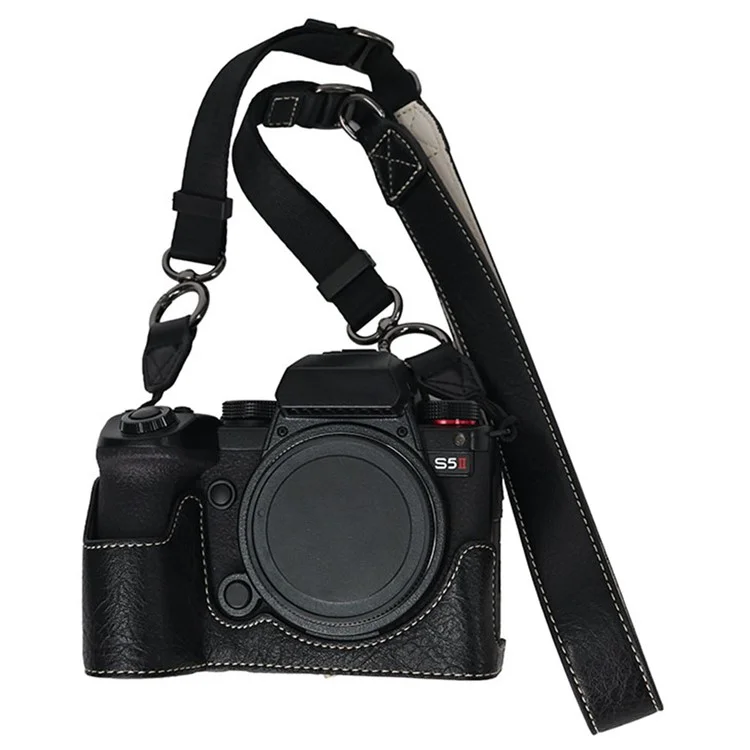 For Panasonic Lumix S5 / S5 II Camera Case with Shoulder Strap Large Cutout Litchi Texture PU Protective Cover - Black