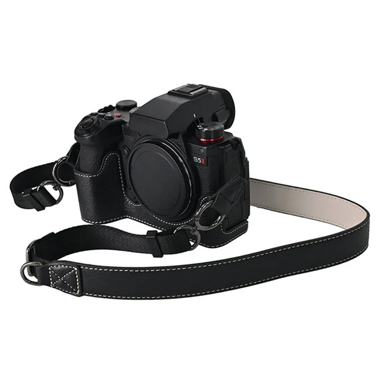 For Panasonic Lumix S5 / S5 II Camera Case with Shoulder Strap Large Cutout Litchi Texture PU Protective Cover - Black