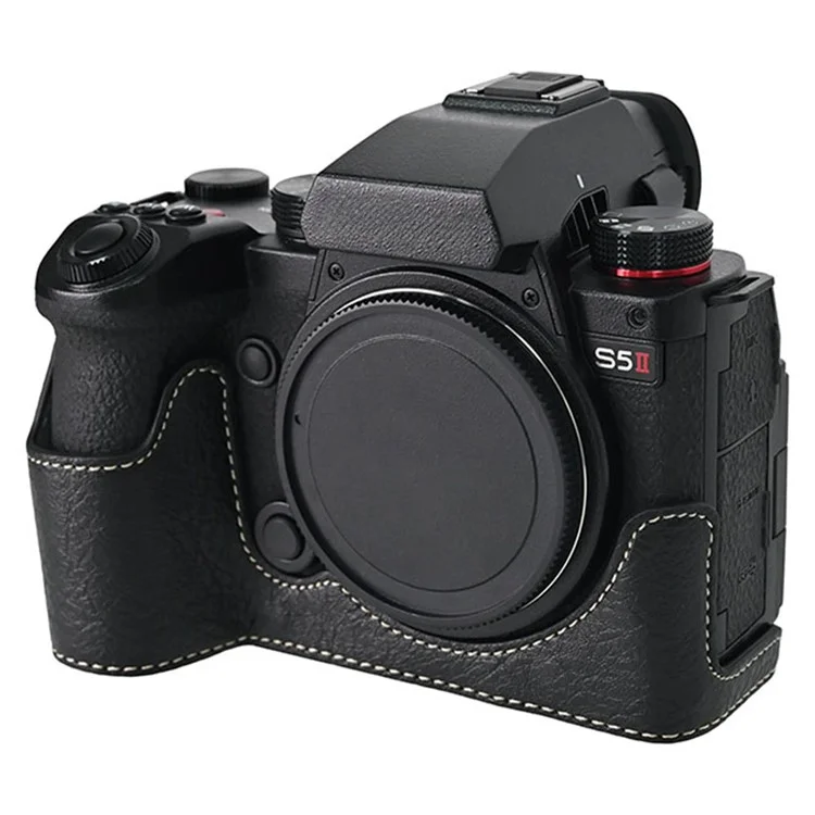 For Panasonic Lumix S5 / S5 II Camera Case with Shoulder Strap Large Cutout Litchi Texture PU Protective Cover - Black
