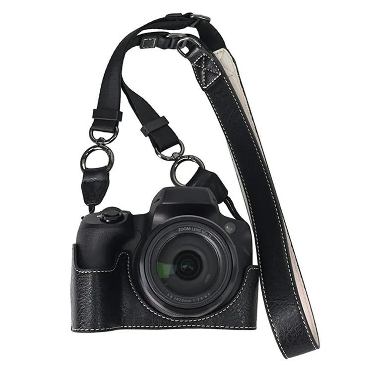 For Canon SX70 HS Camera Case with Shoulder Strap Large Cutout Litchi Texture PU Protective Cover - Black