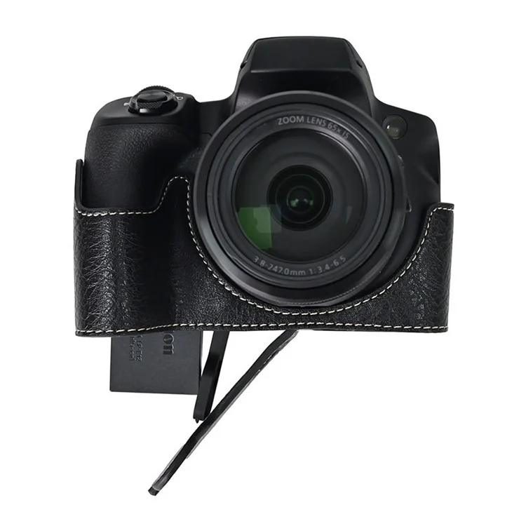 For Canon SX70 HS Camera Case with Shoulder Strap Large Cutout Litchi Texture PU Protective Cover - Black