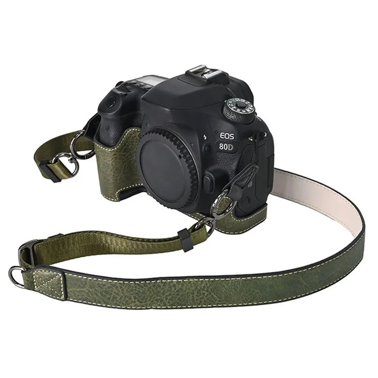 For Canon EOS 90D / 80D / 70D / 60D Camera Case with Shoulder Strap Large Cutout Litchi Texture PU Protective Cover - Green