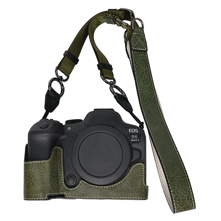 For Canon EOS R6 Mark II / R6 / R5 Camera Case with Shoulder Strap Large Cutout Litchi Texture PU Protective Cover - Green