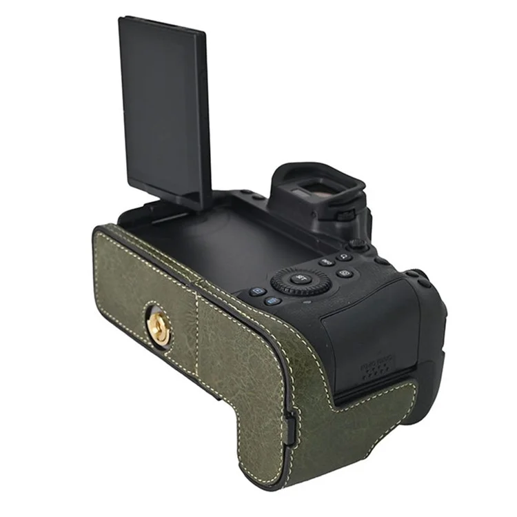 For Canon EOS R6 Mark II / R6 / R5 Camera Case with Shoulder Strap Large Cutout Litchi Texture PU Protective Cover - Green