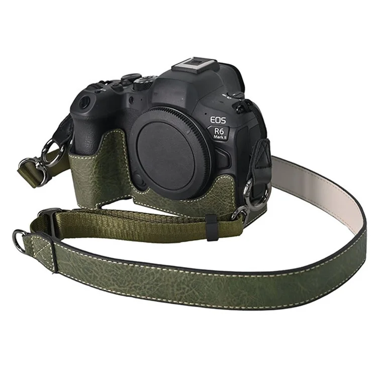 For Canon EOS R6 Mark II / R6 / R5 Camera Case with Shoulder Strap Large Cutout Litchi Texture PU Protective Cover - Green