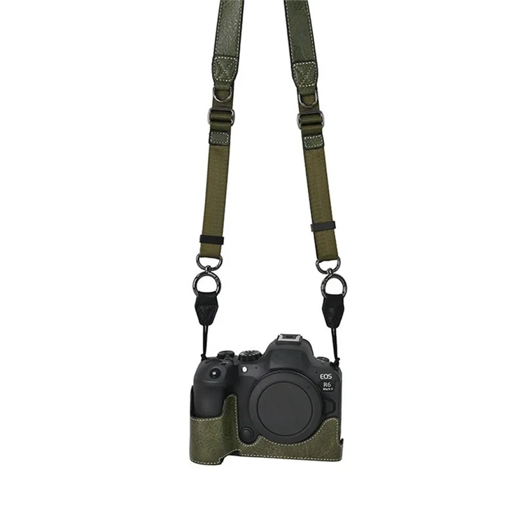 For Canon EOS R6 Mark II / R6 / R5 Camera Case with Shoulder Strap Large Cutout Litchi Texture PU Protective Cover - Green