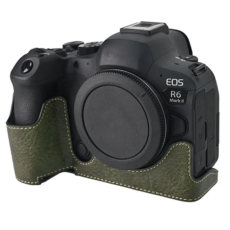 For Canon EOS R6 Mark II / R6 / R5 Camera Case with Shoulder Strap Large Cutout Litchi Texture PU Protective Cover - Green
