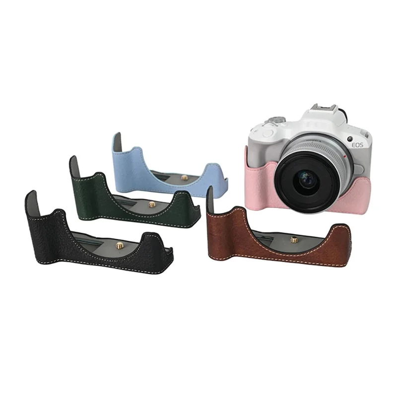 For Canon EOS R100  /  R50 Camera Base Detachable Battery Litchi Texture PU Leather Protective Case - Pink